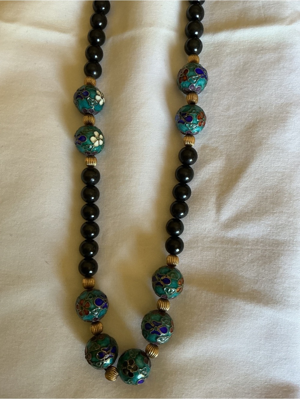 Cloisonné Floral Bead Necklace With onyx and Sterling Clasp